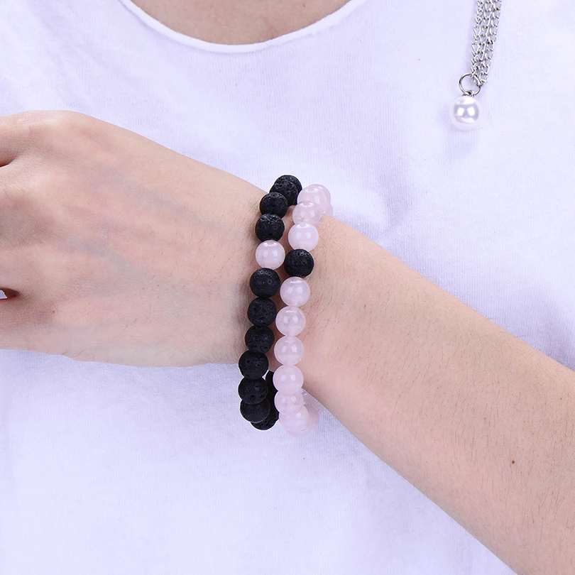 2Pcs/Set Trendy Distance Bracelet Sets Natural Stone Pink and Black Beaded Bangles&Bracelets Couple Jewelry Best Friend Hot