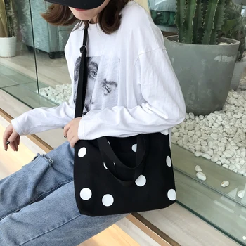 

Japanese Casual Fashion Women Canvas Bag Black White Wave Point Handbags New Campus Students Messenger Bag Tow Belt Variety Bags