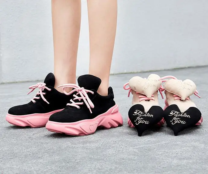 Plate Nouveau Rose Picture forme Des Dentelle Peu Talon Sneakers Formateurs up Coeur Femmes Sport Profonde Chaussures Picture as Casual Noir Amovible Épais As dtwqtv