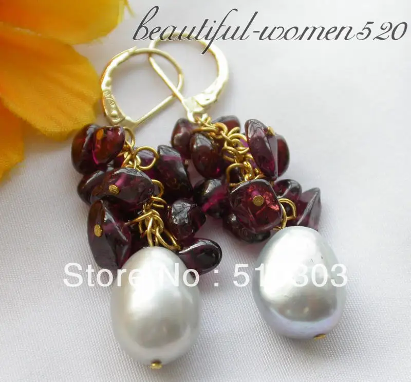 

13 mm gray baroque pearl garnet dangle earrings