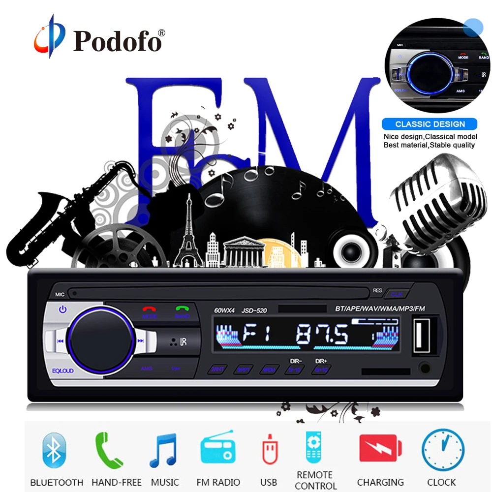 

Podofo JSD-520 1DIN Autoradio 12V Bluetooth Car Stereo FM Radio MP3 Audio Player 5V Charger USB AUX Auto Electronics Subwoofer