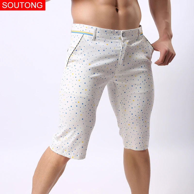 Soutong, летние мужские повседневные шорты, хлопковые мужские шорты, тонкие прямые, с принтом звезды, в горошек, мужские короткие штаны, брюки qfk03