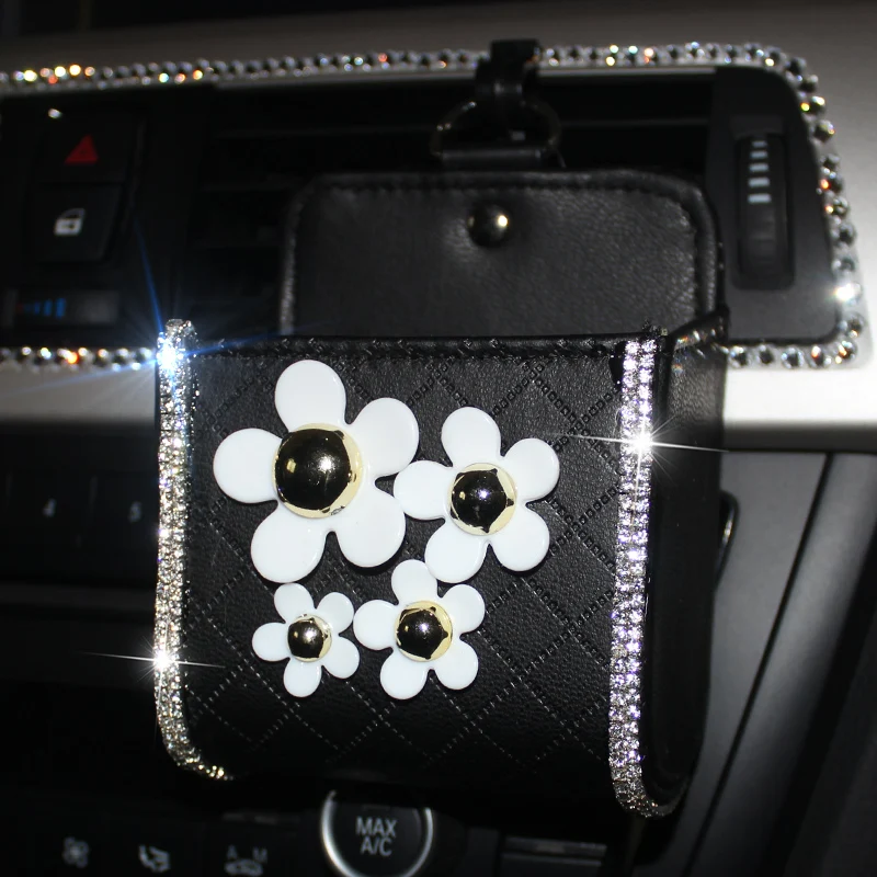Diamond Crown Car Organizer Box Bag Air Vent Hanging Crystal Leather Universal Car Mobile Phone Holder Auto Interior Accessories 6