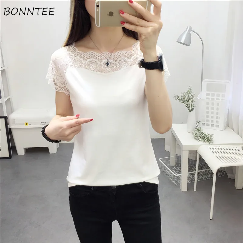 

T-shirts Women Short Sleeve Slash Neck Solid Color Slim Trendy Leisure Womens Elegant Korean Style Comfortable Students Summer