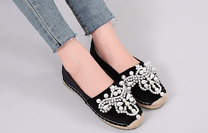 Women Flats Casual Spring Autumn Fisherman Shoes Flock Lazy Loafers Rhinestone String Bead Woman Single Shoes1