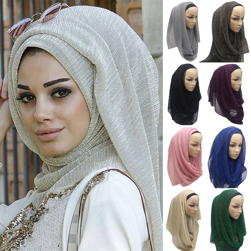 Shining Muslim Scarf Women Crinkle Hijab Wrinkled Head Shawl Hijabs Wrap Elastic Long Scarves