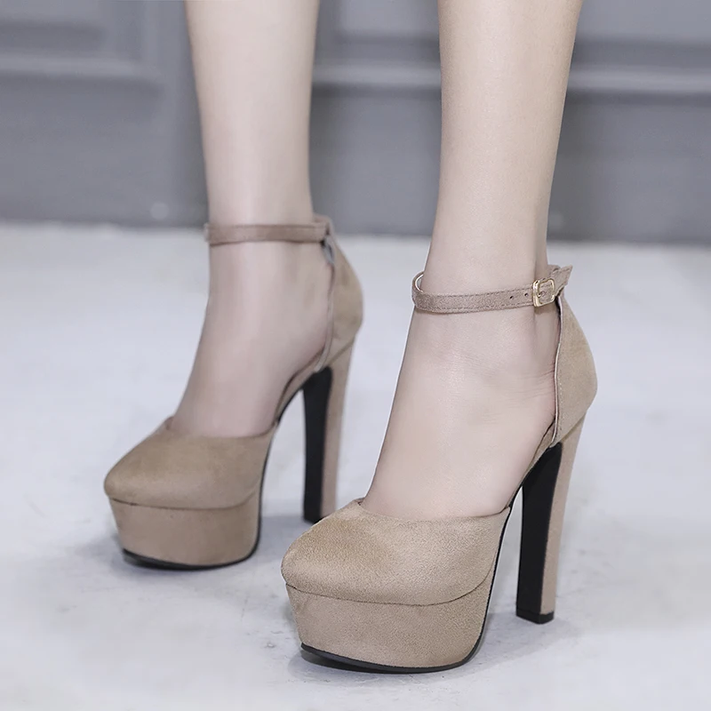 2019 Spring Autumn Suede Shoes Women Fashion High Heels 14cm Spike Heels Ankle Strap Black Beige Platform Pumps Party Shoes