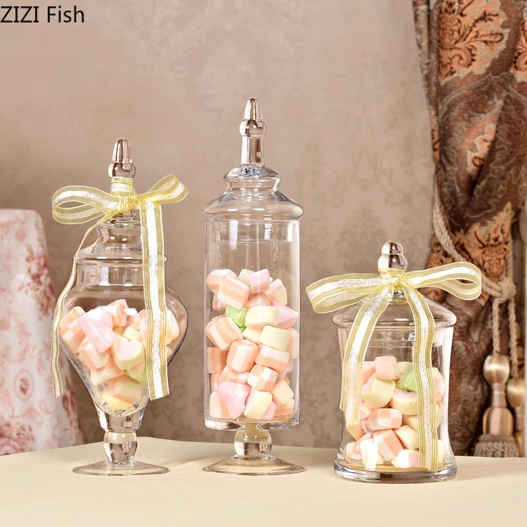 

European Style Transparent Glass Candy Jar with Glass Cover Wedding Dessert Display Stand Home Candy Storage Tank
