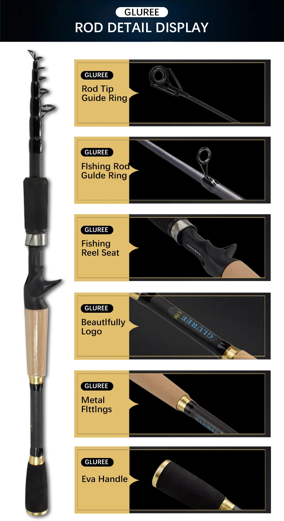 GLUREE High Carbon Fiber Lure Fishing Rod Portable Telescopic Spinning Fishing Hand Pole Casting Rod Tackle 1.8M 2.1M 2.4M 2 (17)