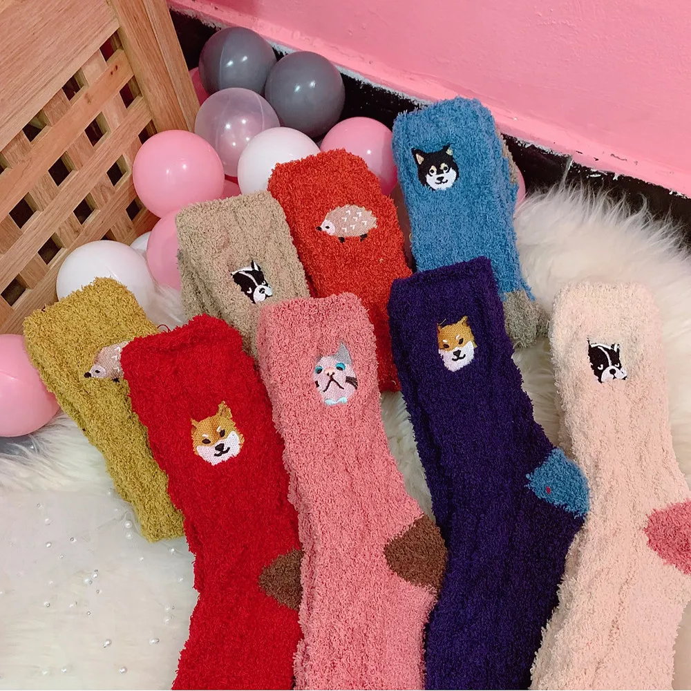 Мультяшные Полиэстеровые креативные зимние теплые носки с рисунками животных, плюшевые мягкие с наполнением, собака, кошка, милые детские