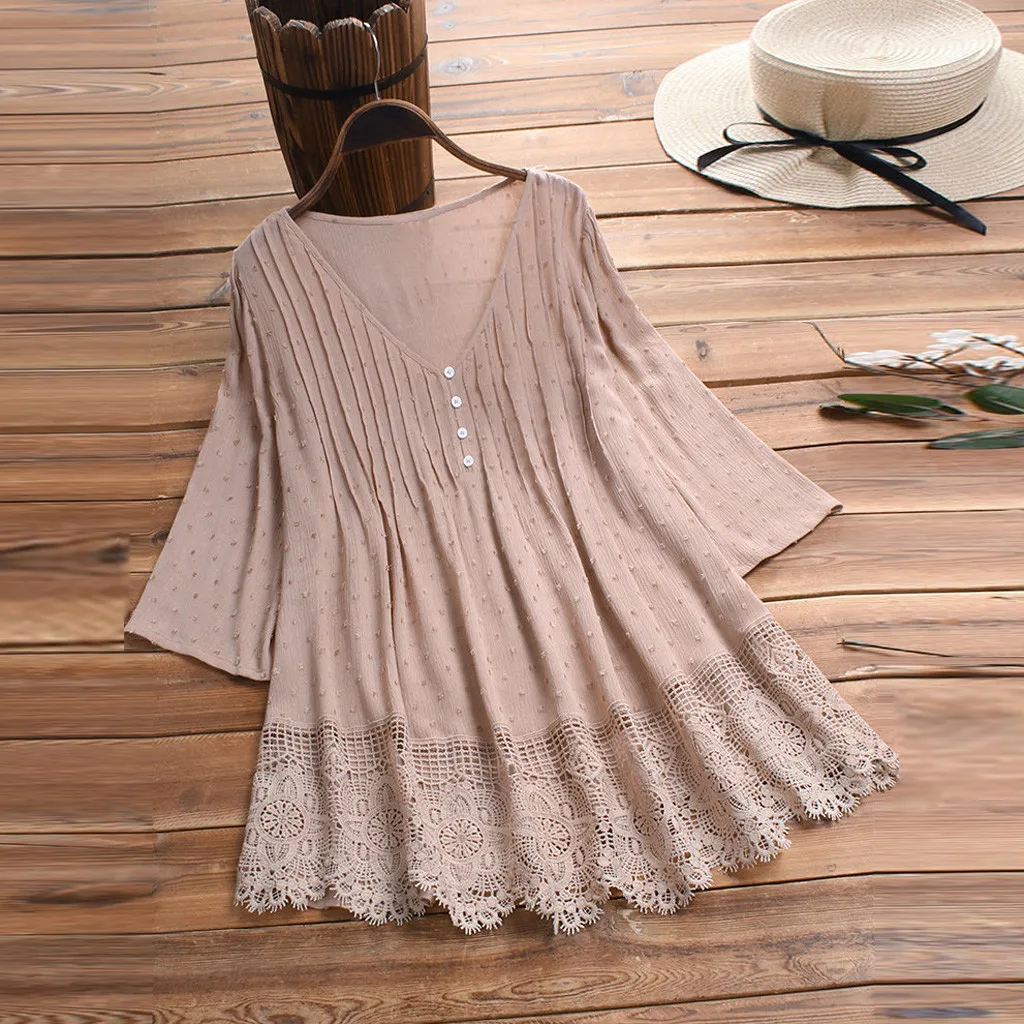 

Blouses for Women Vintage woman casual clothes Jacquard Three Quarter Lace V-Neck Plus Size Top Shirt Blouse dames blouse