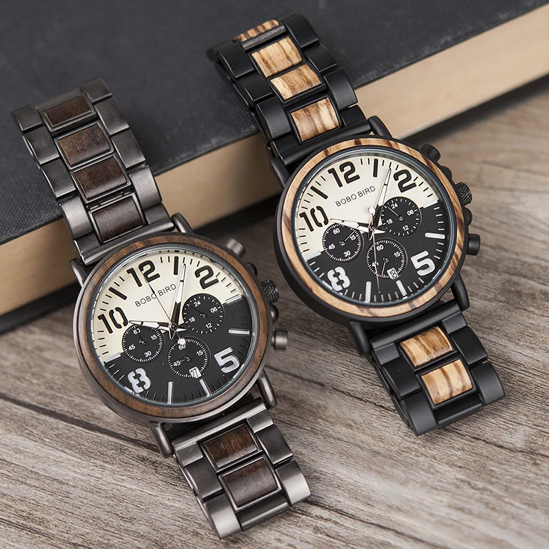 Бобо птица мужчин часы деревянные часы хронограф для человека роскошный дизайн металлического часы мужские металический браслет