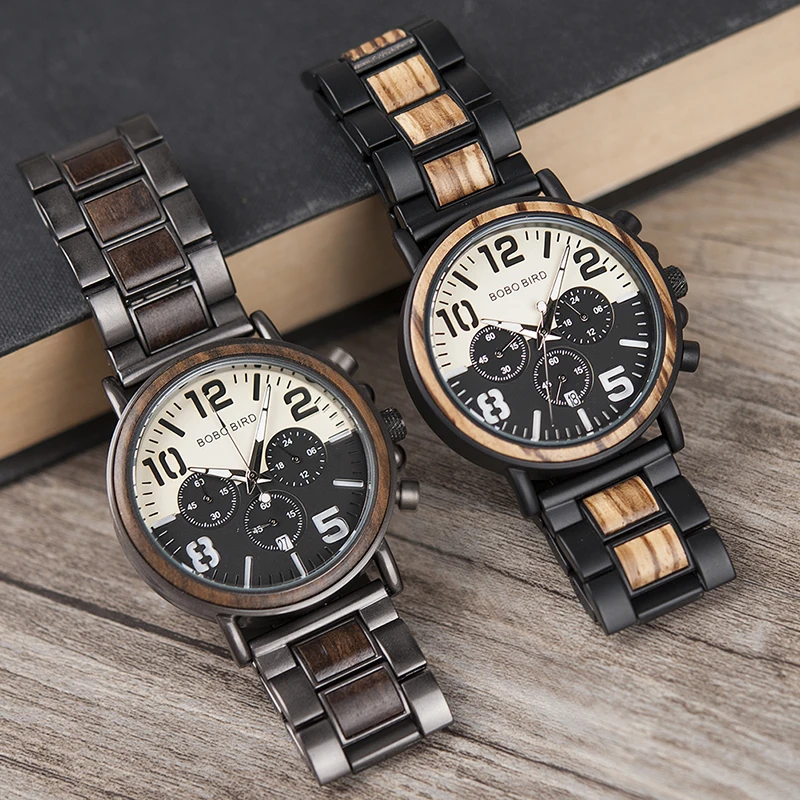 BOBO BIRD Men Watch Wood Chronograph Watches for Man Luxury Design Metal Wooden Idea Gifts Custom Clock Dropshipping C-nR25