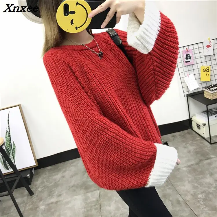 2018 Autumn sweater women pullover knitted knitted top for winter Sweater Leisure bat sleeve loose pullover sweater Female Xnxee