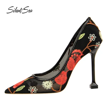 

Silentsea European Women Pumps Shallow Mouth High Heel Shoes For Female Pointed Flower Embroidery Wedding Party Stilettos Black
