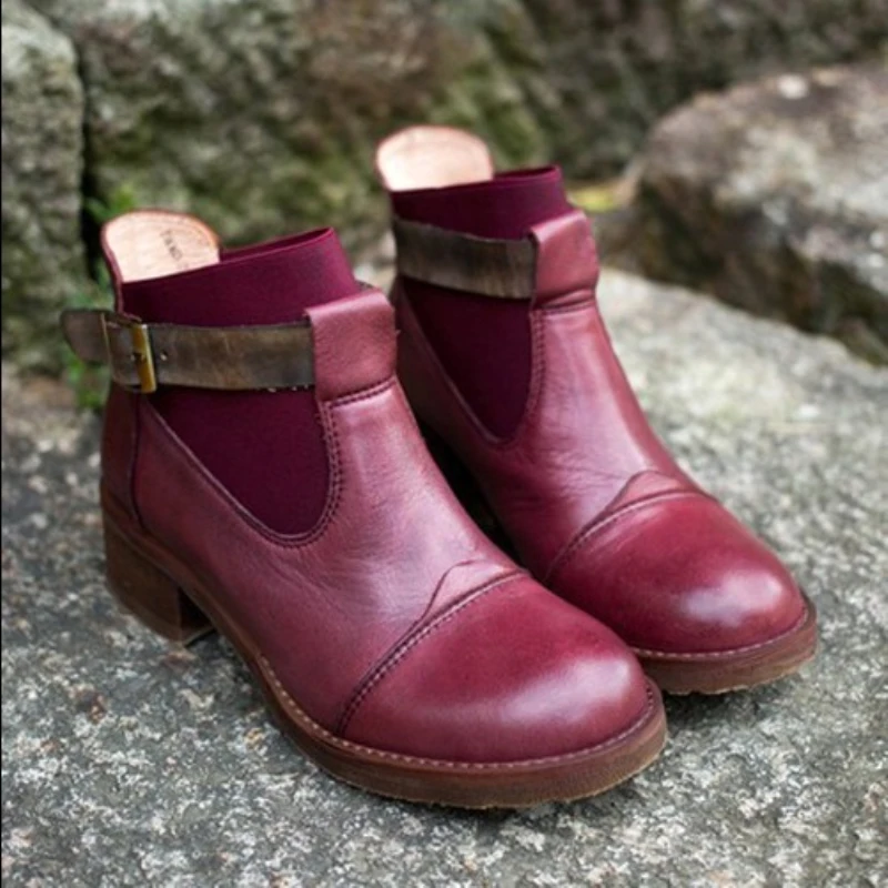 

Vintage 100% leather women boots female 2015 genuine leather thick heels buckle casual boots ankle boots women shoes
