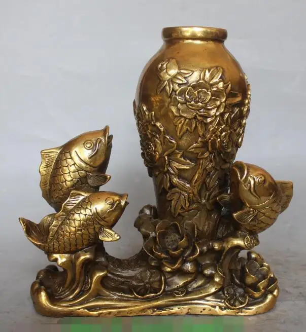 

S01465 12" Chinese Bronze Jump Fish Fishes Goldfish Lotus flower Bottle Vase Pot Statue
