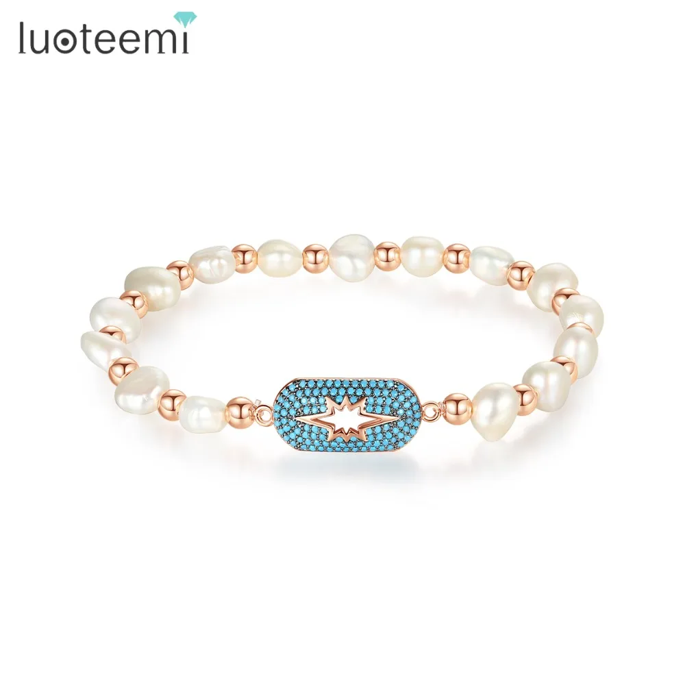 

LUOTEEMI Unique Natural Pearl Adjustable Bracelets for Women Girls Wedding Party Three Color Cubic Zircon Fashion Jewelry Gift