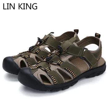 

LIN KING Leisure Men Summer Gladiator Sandals Genuine Leather Casual Outdoor Beach Sandals Roman Men Summer Shoes Big Size 38-48
