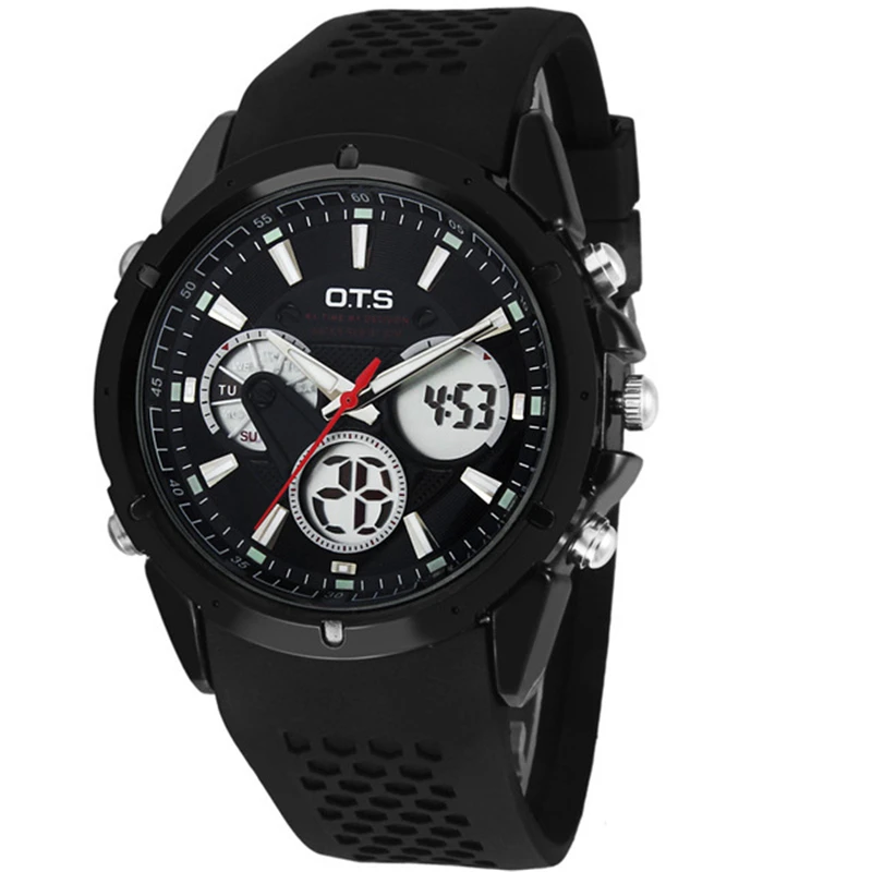 

OTS Dual Time Automatic Watch Black Analog Quartz Military led Watch Alarm Waterproof Outdoor Hot Sale