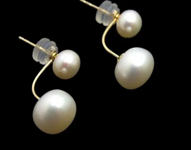 

White Flat Round 6-10mm Pearl Double Front Back Women Earrings