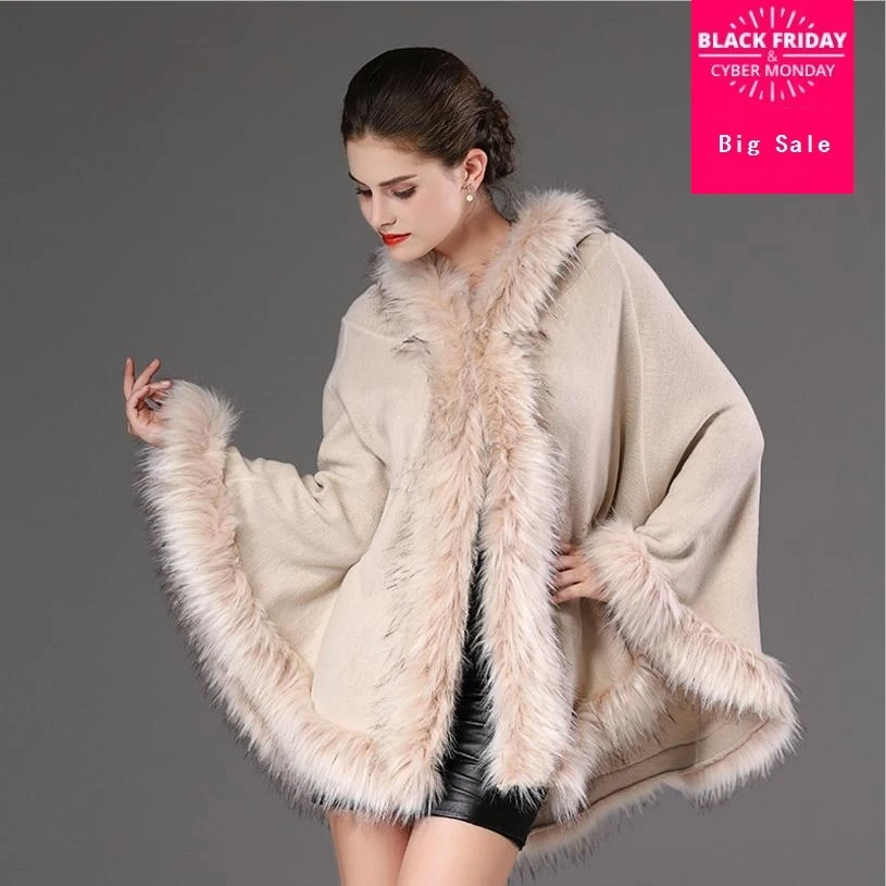 

2018 winter new women's knit imitation Raccoon Dog Fur coat female fur collar hooded sweater cardigan shawl cloak jacket L1137