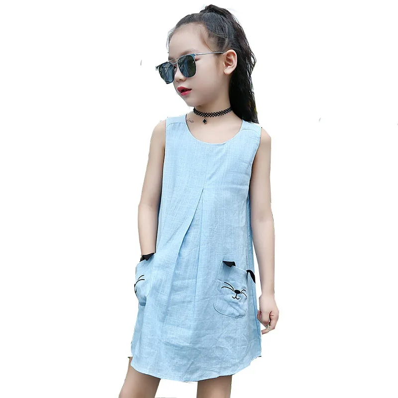 

Hot Sale 2017 New Summer Girls Sweet Lovely Loose Sleeveless Pants Kids Round Collar Cotton / Hemp Dress 4-14y