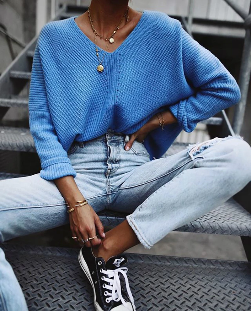 Khaki Blue Long Sleeve Knitted Sweater Pullover