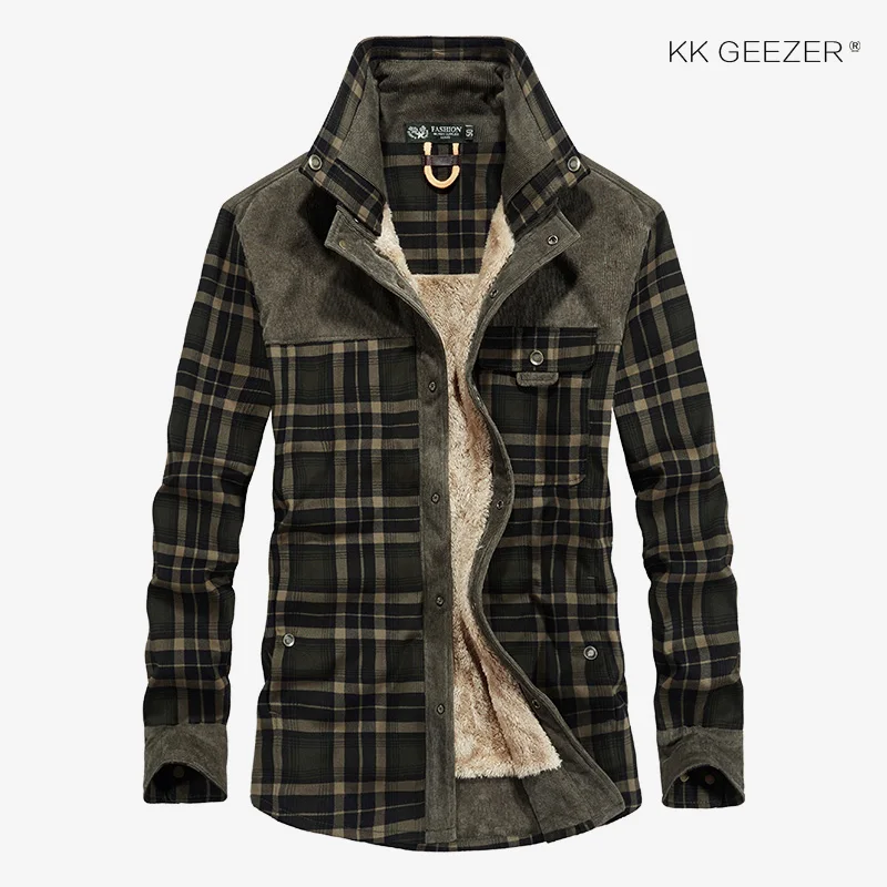 Flannel Shirt Men Military Plaid Winter Warm Fleece Thick Coat 100% Cotton High Quality Pocket Shir