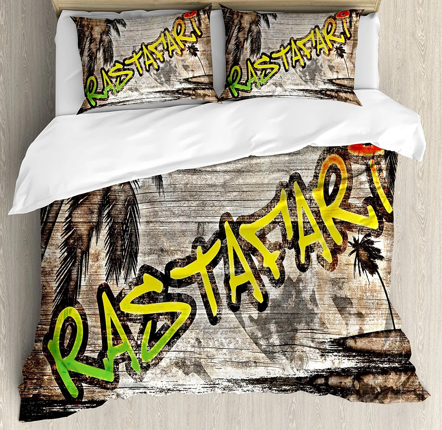 

Rasta Duvet Cover Set Jamaican Reggae Music Icon Inspired Rastafari Street Graffiti Image Decor Bedding Set Brown Green Yellow