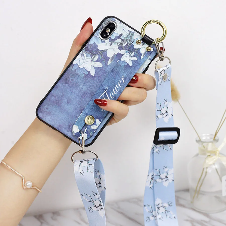 

flower strap tpu case for iphone 8 7 6 6s plus XR X XS MAX case cover fashion floral wristband holder shoulder lanyard soft phon