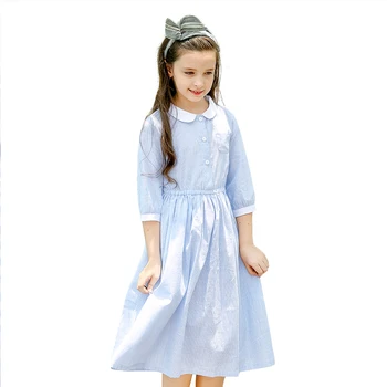 

News Child Kids Girl Dress Doll Collar Fall Navy Blue Striped Cotton Preppy Style Striped Long Sleeve TUTU Dresses For Girl 3-14