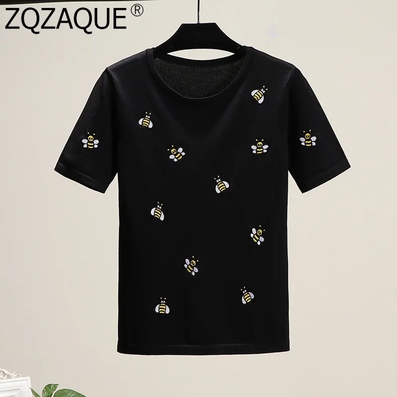 

Summer Autumn Brand Designer Women's T-shirts Embroidery Bees Pattern Knitted Tops All-match Black White Bottom Fashion T Shirts
