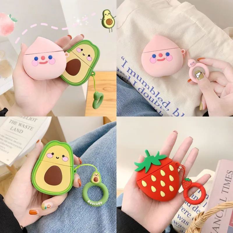 

Headphone Case For Apple Airpods 1 2 Korean Cute 3D Cartoon Avocado Peach Strawberry Wireless Earphone Headset Silicone Cover