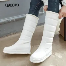 Зимние сапоги до середины икры; женские сапоги до колена на плоской подошве; теплые зимние сапоги; женская обувь без застежки; цвет белый, черный, розовый