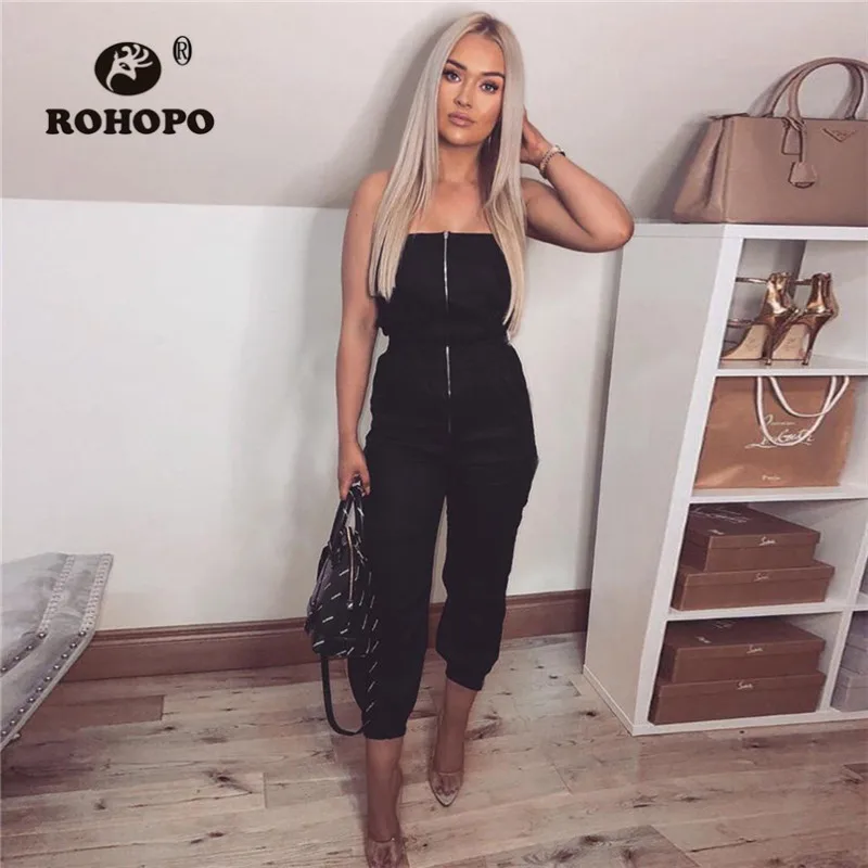 

ROHOPO Woemn Jumpsuit Zipper Fly Pockets Strapless Pencil Jumpsuit Woman High Waist Ankle Length Slim Backless Ladies Jumpsuit
