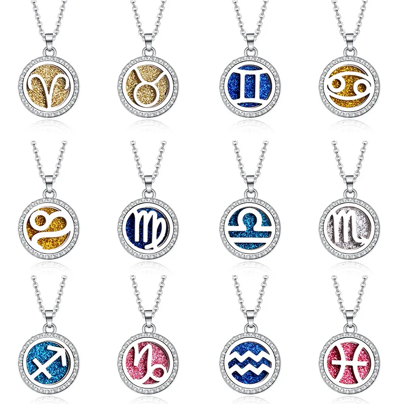 

12 constellations Zircon Pendants peace Necklace For Women Crystal Aroma Diffuser Stainless steel pendant Aromatherapy Locket