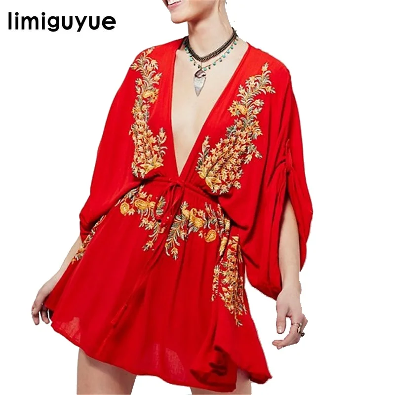 

Women Red Runway Dress High Quality Designer Style Deep V-Neck Bohemian Brand Hippie Chic Boho People Mexican mini Dresses N145