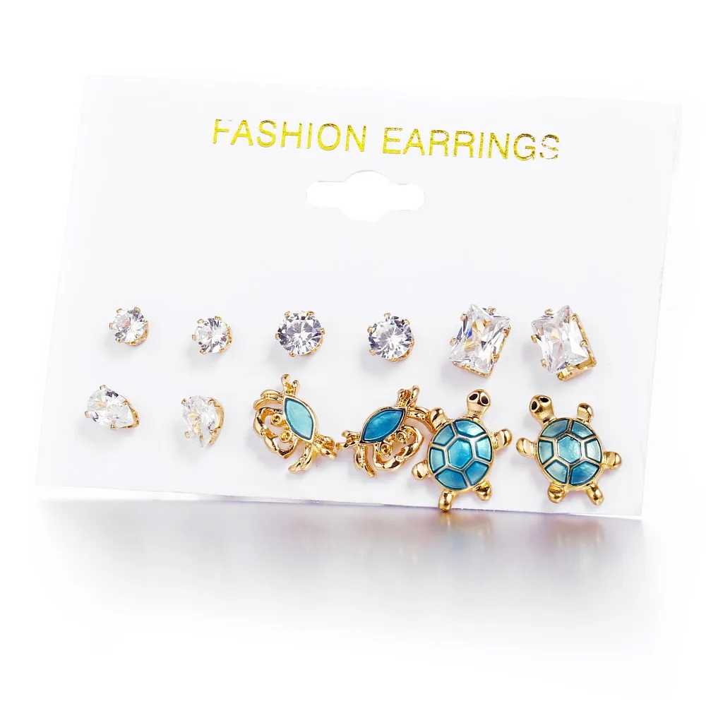 

6pairs AAA Zircon Boho Fashion Jewelry Crystal Stud Earrings For Women Turtle Crab Statement Earring Wedding Party Gifts Bijoux
