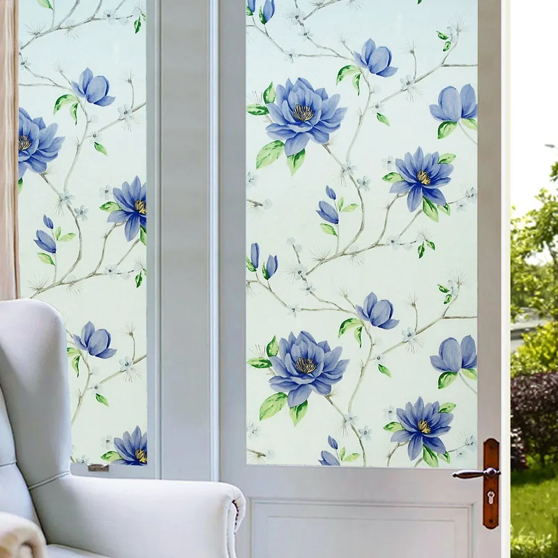 45x200cm Blue Flowers Frosted Opaque Glass Window Film Toilet Privacy