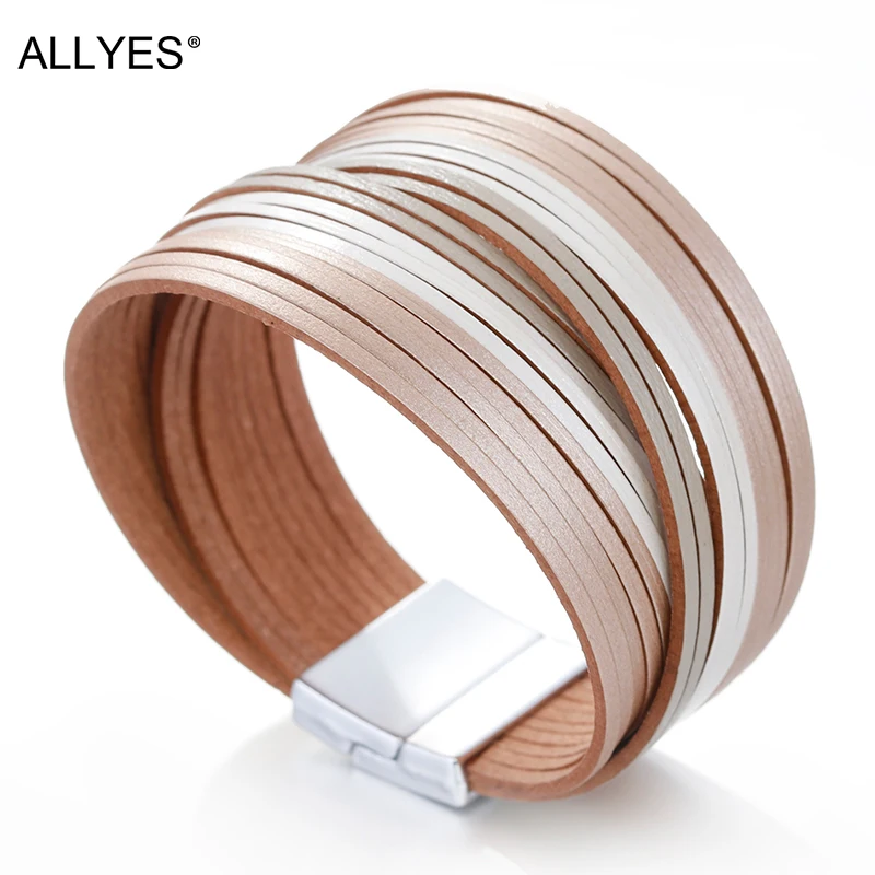 

ALLYES Leather Bracelets For Women 2019 Party Slim Strips Wrap Multilayer Wide Bracelet Femme Jewelry