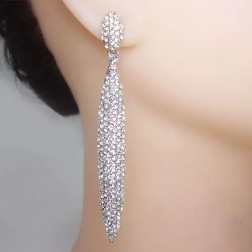 

Cubic Zirconia Crystal Wedding Bride Long Teardrop Earrings Silver Tone