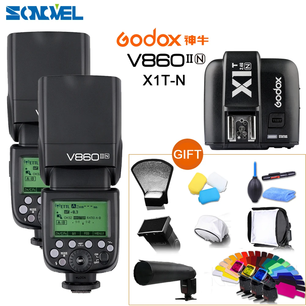 2 шт. Godox V860II N GN60 i TTL HSS 1/8000s Вспышка Speedlite литий ионная батарея + X1T передатчик