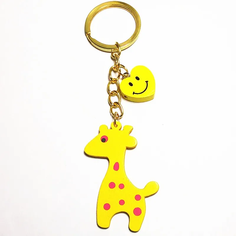 

1 dozen New Carefully Carved Wood Cute Smiling Face And Giraffe KeyChain Bag Chain Charming Keychains KeyRing Bright Gifts