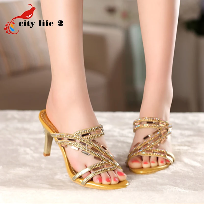 Genuine Leather Sheepskin Slippers High Heeled Shoes Diamond Plataforma font b Women s b font Shoes