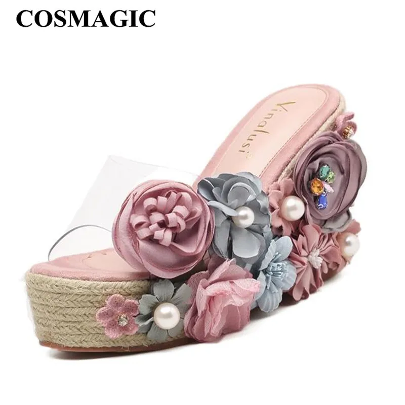 

COSMAGIC Fashion Flower Pearl Pink Super High Heel Women Slippers 2019 New Summer Crystal Wedge Platform Slides