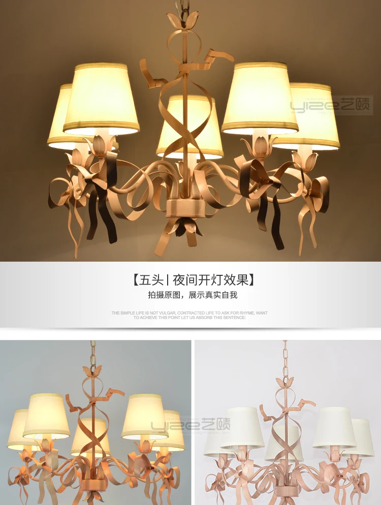 American Pink Ribbon Iron Chandelier French Princess Bedroom