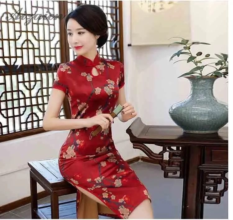 2019 vestido rojo chino tradicional vestido satinado Qi Pao винтажный Чонсам розовая одежда estilo Восточная vestidos de impresión