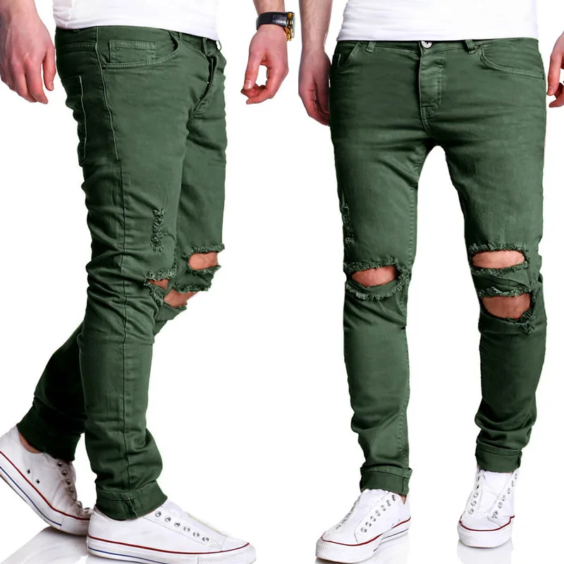 Straight Ripped Pants Men 2017 Brand New Hip Hop Green