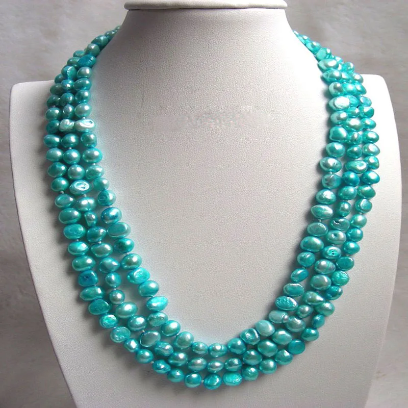 

New Women's fashion 16" baroque 3row sky blue freshwater pearls necklace AAA912